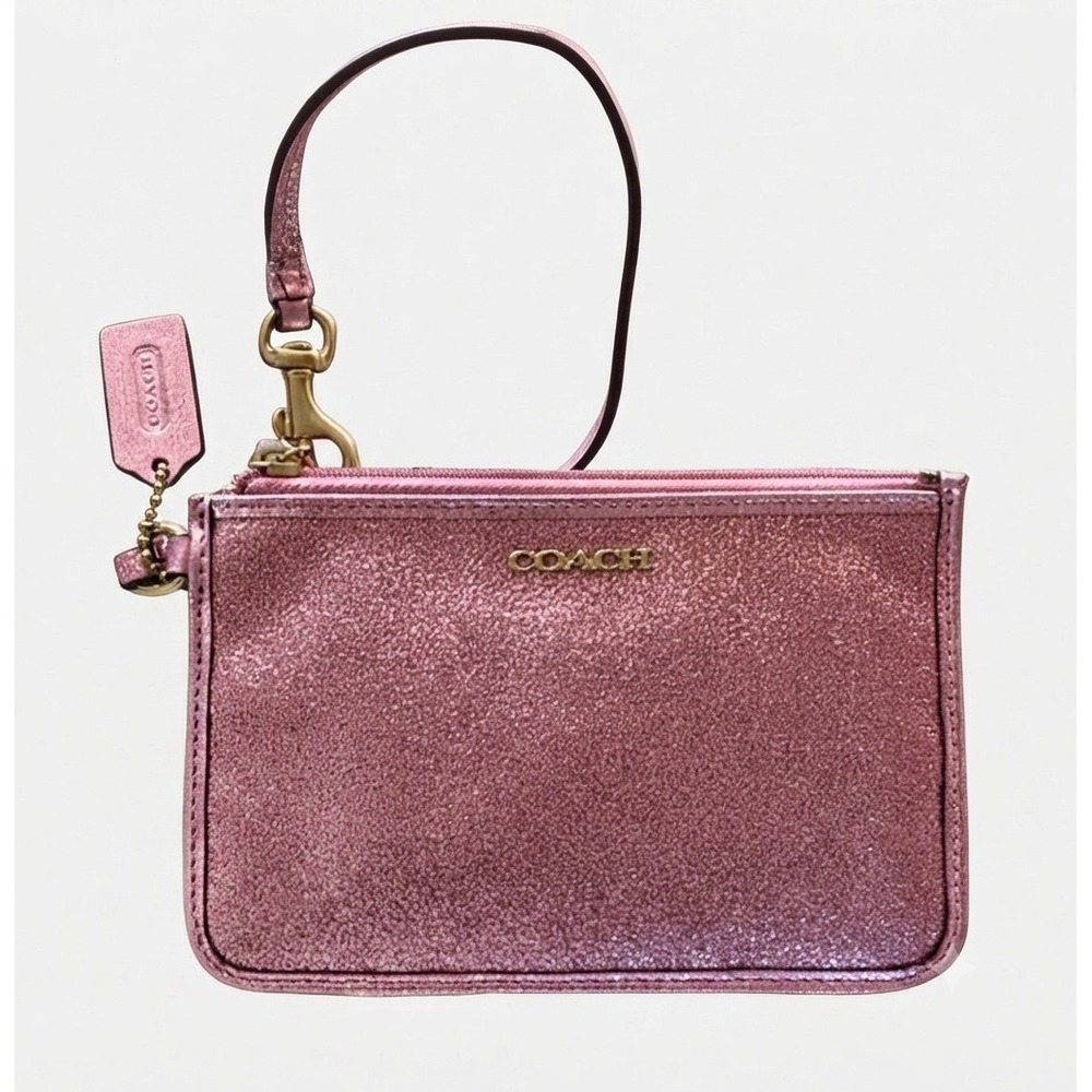 Coach Pink Glitter Wristlet‎ Gold Tone Hardware Zip Top Pouch with Card Slots